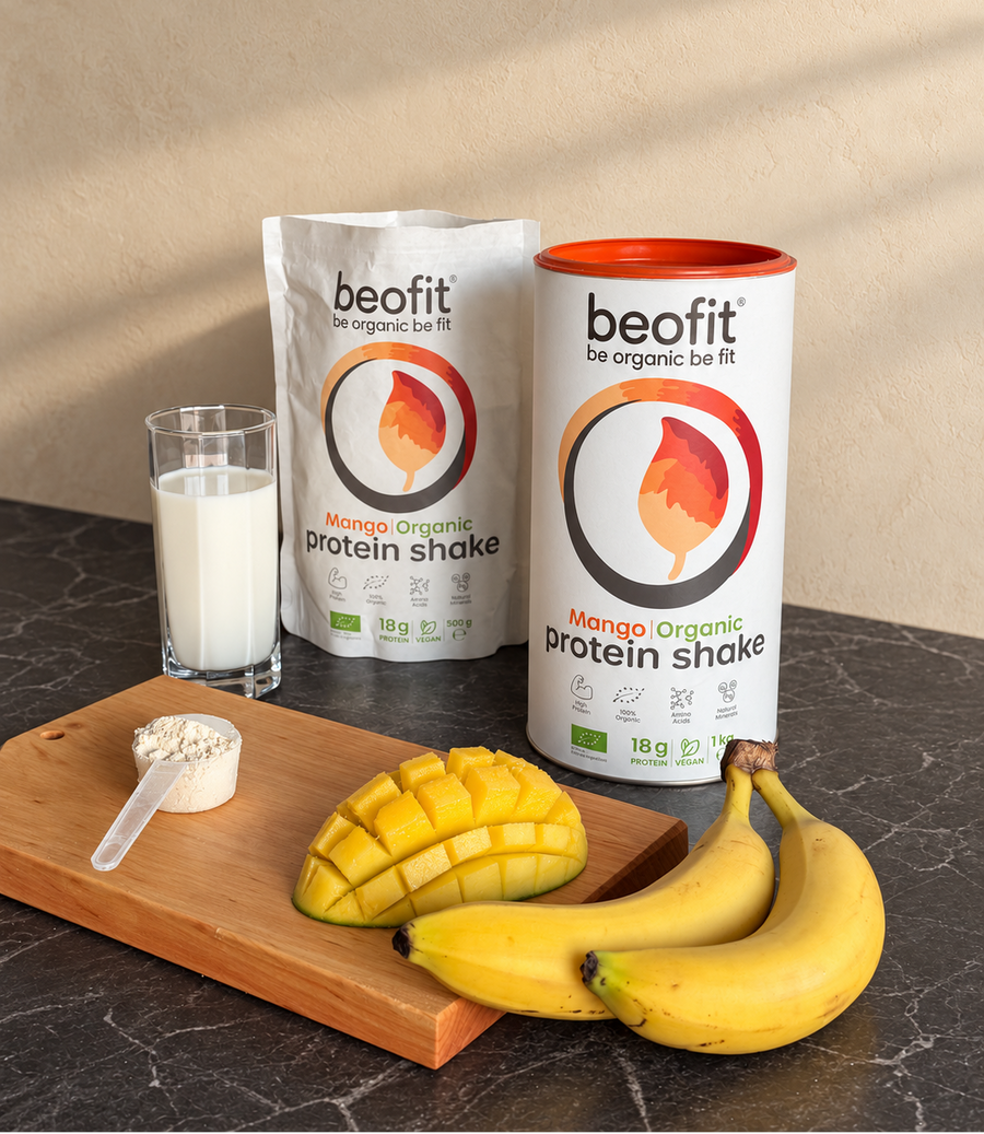 Beofit organic vegan mango protein shake 500 g and 1 kg