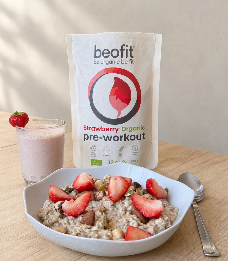 Beofit organic vegan strawberry pre-workout with breakfast