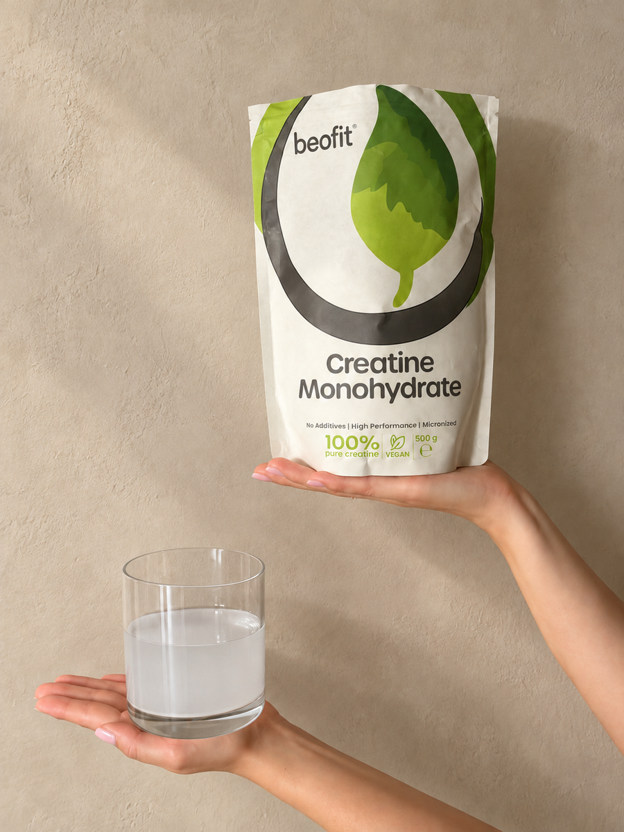 Beofit pure vegan creatine monohydrate 500 g with water